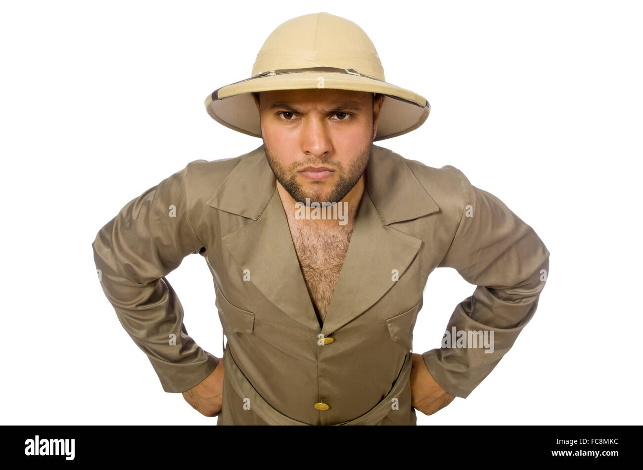 Man in safari hat isolated on white 