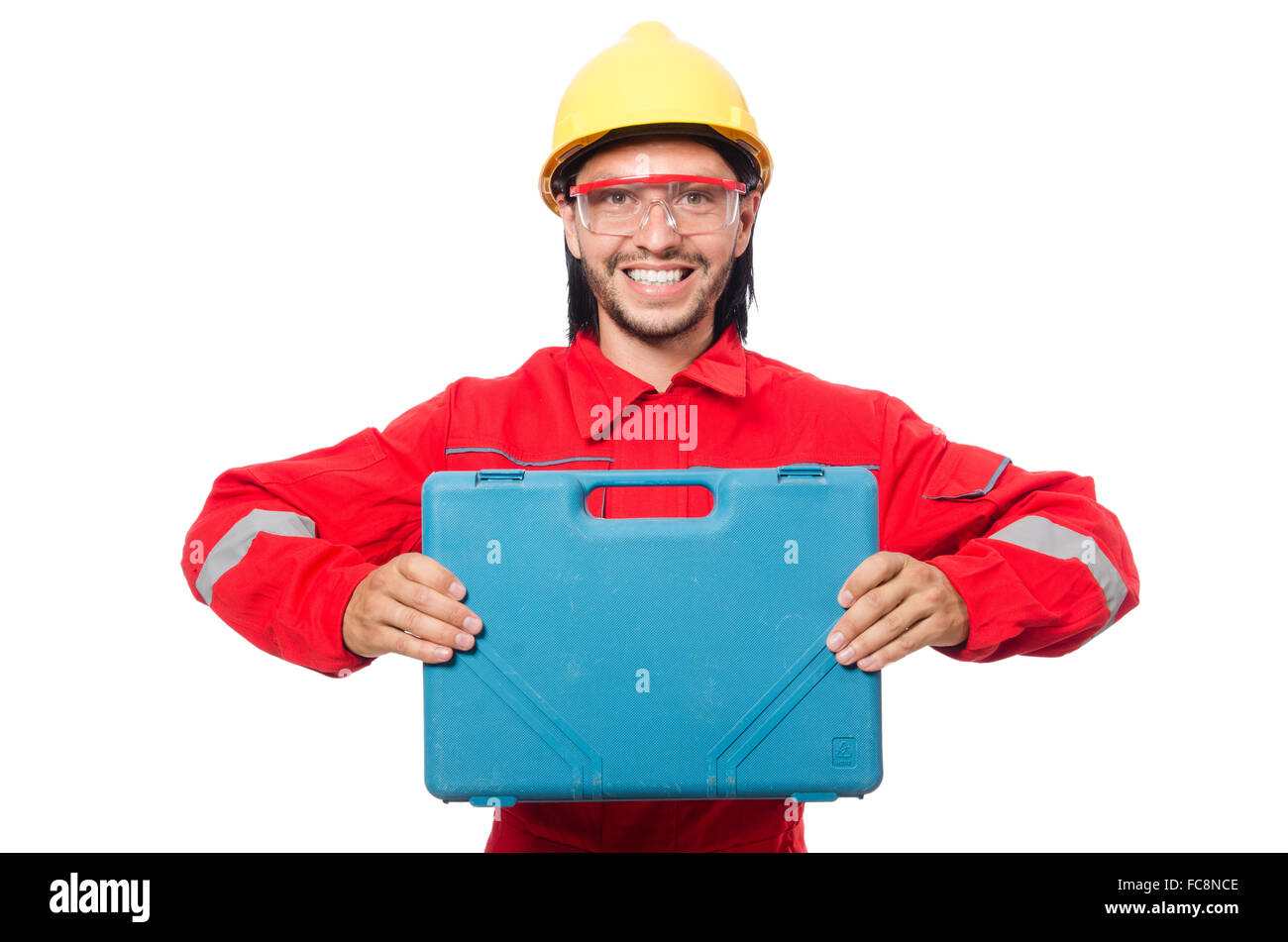 Man wearing red coveralls isolated on white Stock Photo - Alamy