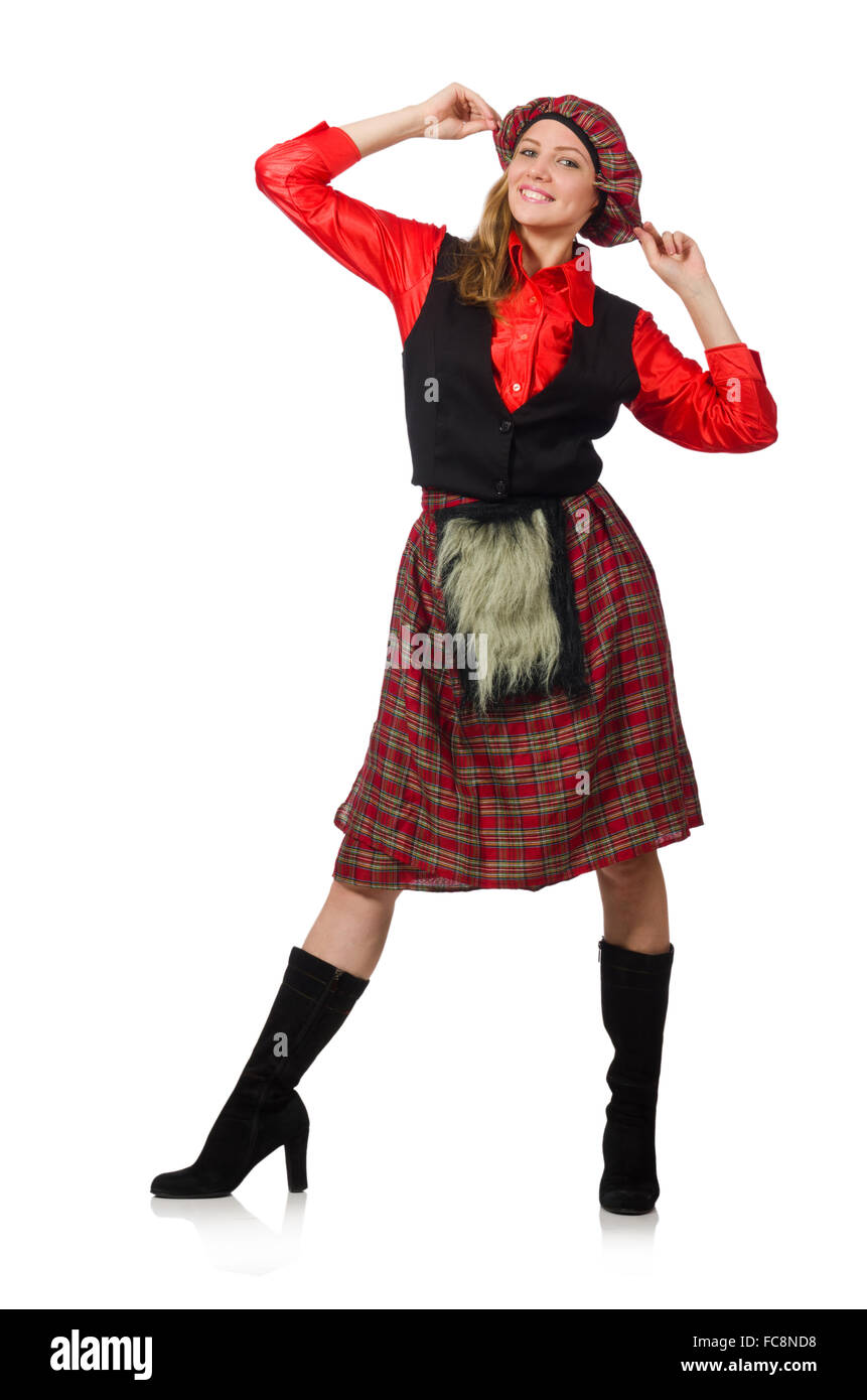 Funny woman in scottish clothing on white Stock Photo