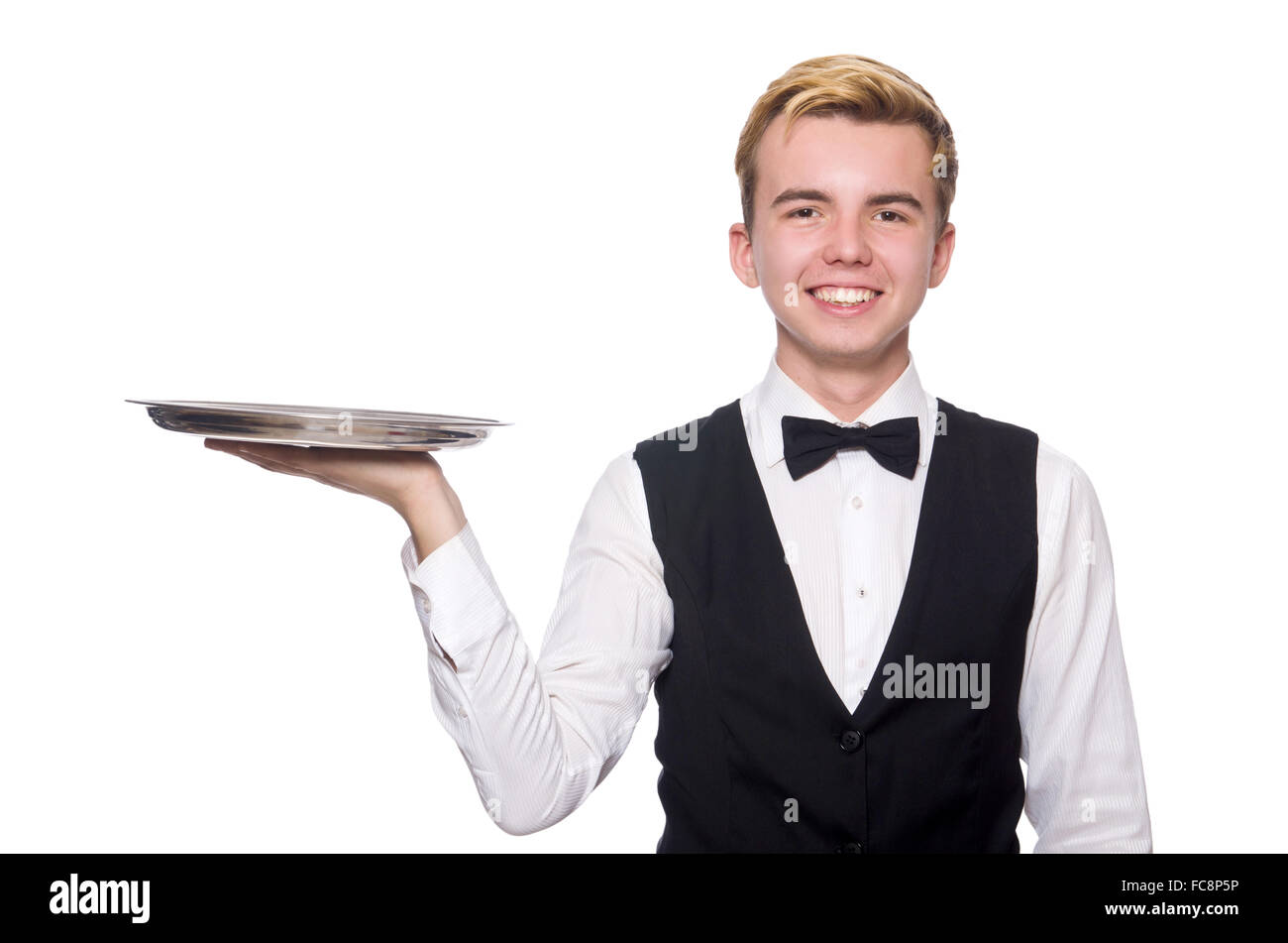 Waiter holding plate isolated on white Stock Photo Alamy