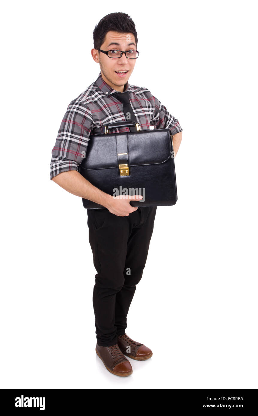 Young employee with briefcase isolated on white Stock Photo - Alamy
