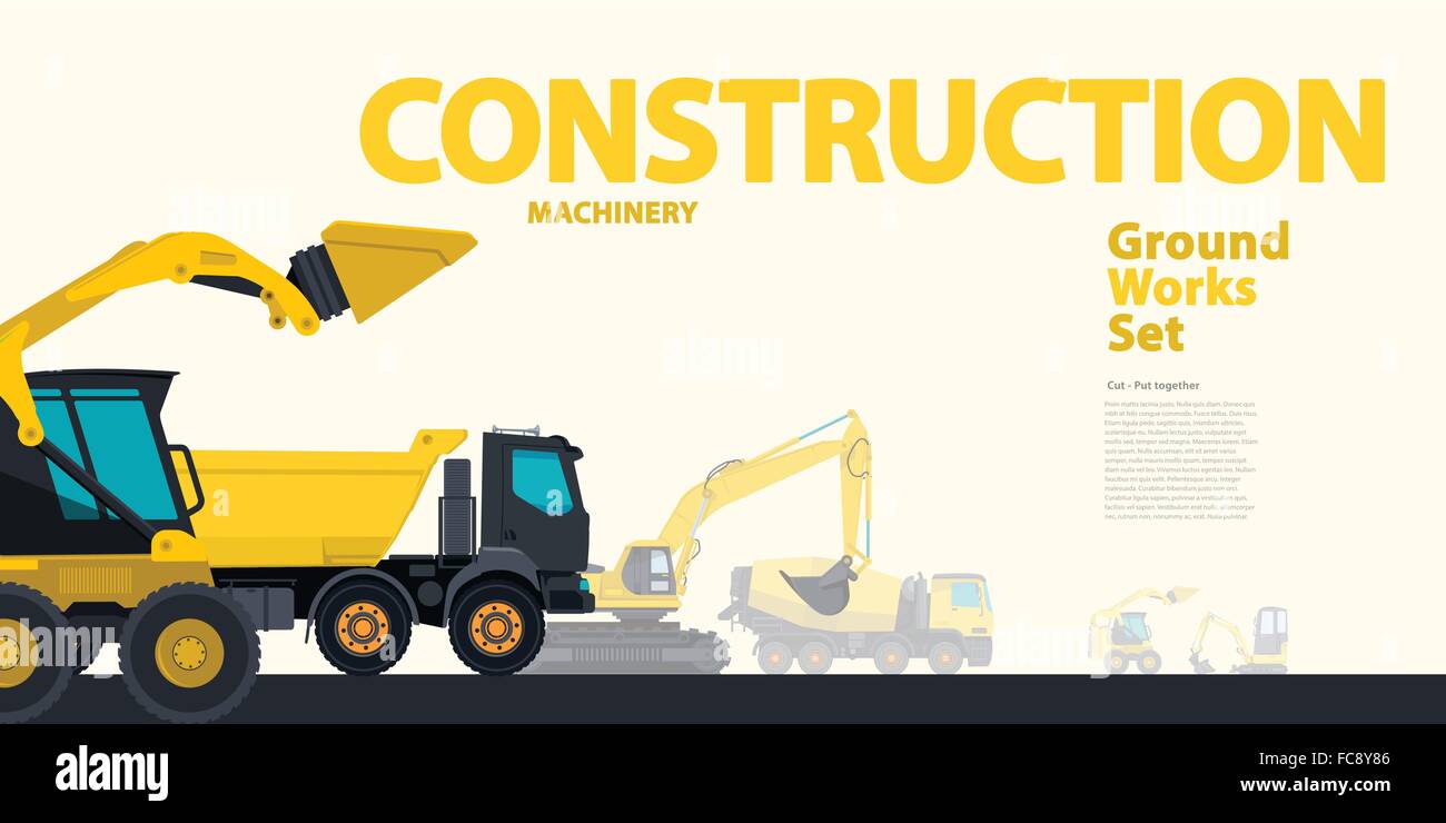 Yellow set of construction machinery machines vehicles, excavator. Vector construction equipment for building. Truck, Digger, Crane. Stock Vector