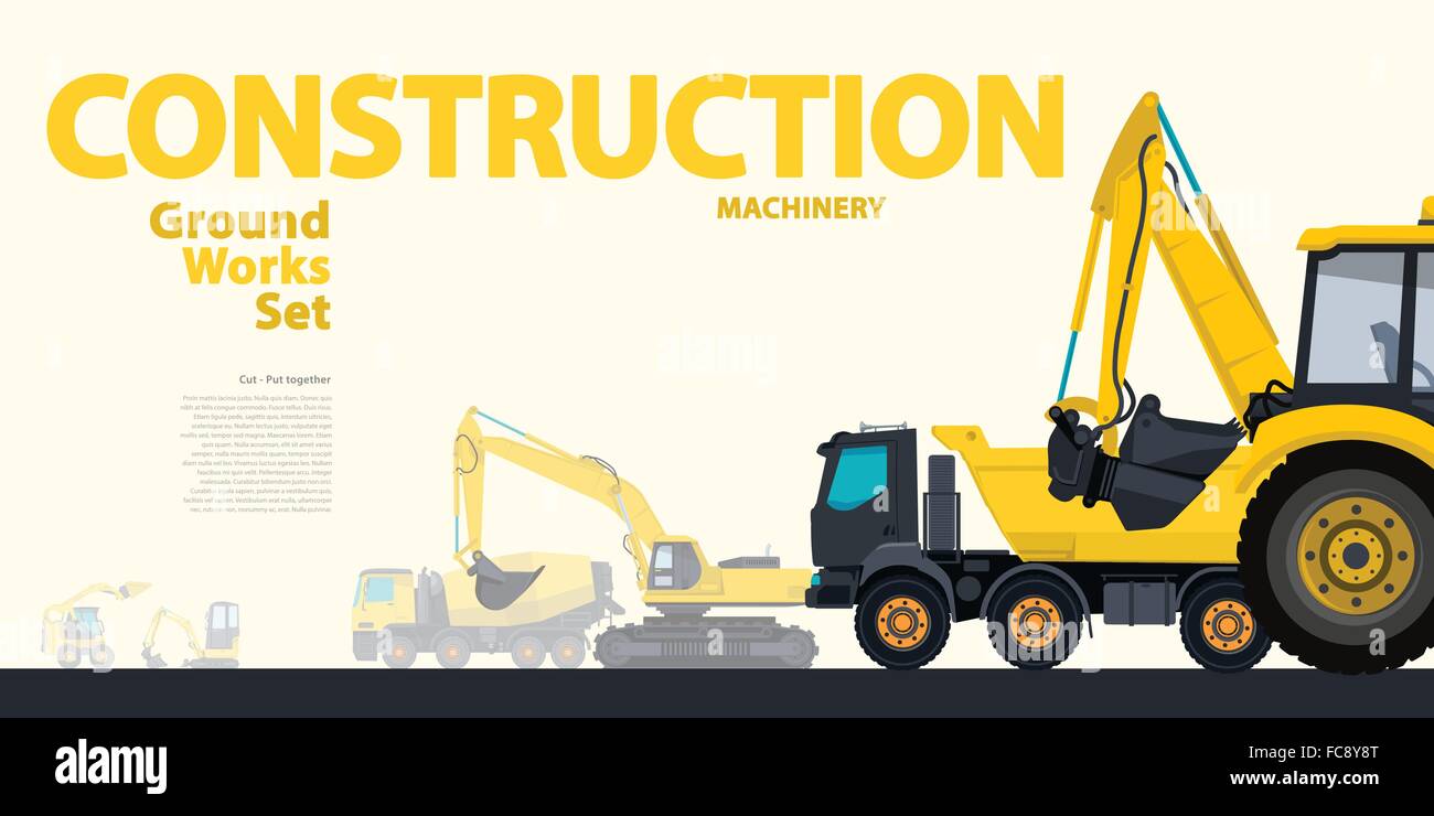 Yellow set of construction machinery machines vehicles, excavator. Construction equipment for building. Truck, Digger, Crane, Bagger, Mix, vector. Stock Vector