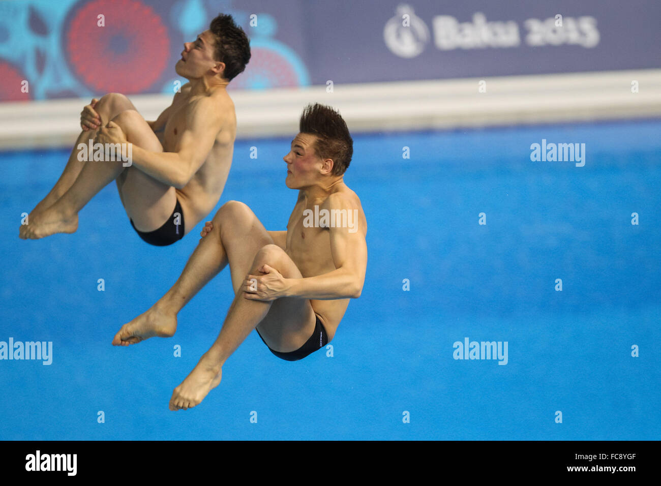 Moritz Pail (AUT) and Alexander Mario Hart (AUT). Final. Men's Synchronised 3m Springboard. Baku Aquatics Centre. Baku2015. 1st European Games. Baku. Azerbaijan. 19/06/2015. Stock Photo