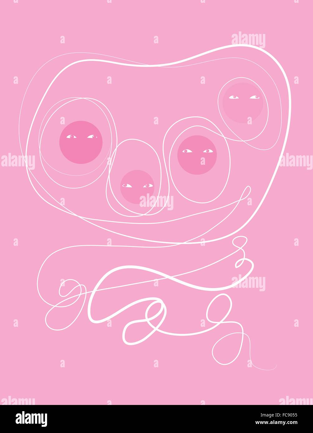 Family of four bound together with white flourishing lines on pink. Stock Vector
