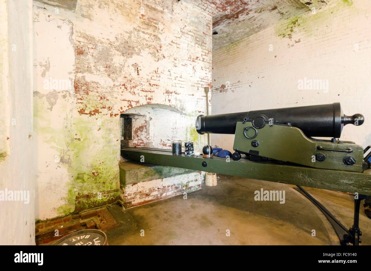 A cannon inside Alcatraz Penitentiary island, now a museum, in San