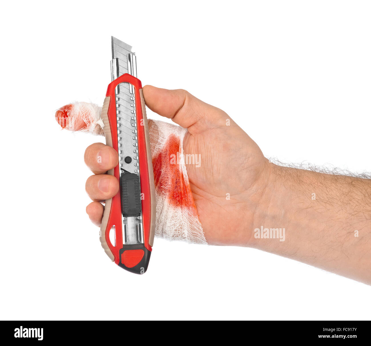 Hand with tool and bandage Stock Photo