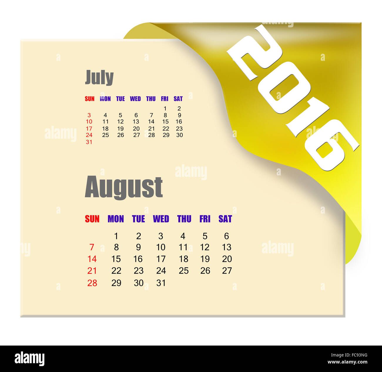 August 2016 calendar with past month series Stock Photo