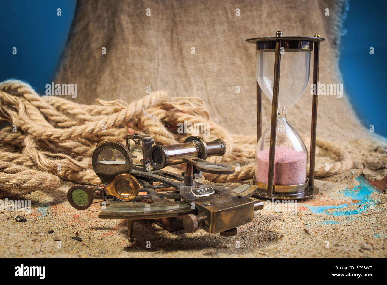 Can Instrument Beach set of nautical instruments, lying on the sand and old map. concept ...