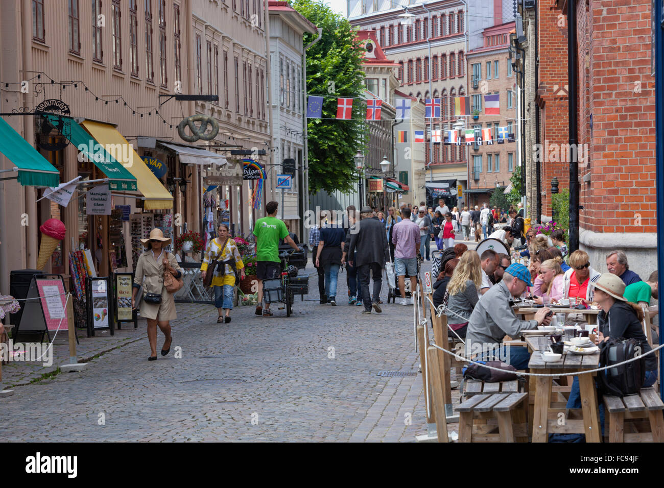 Cafes and shops in trendy Haga District, Haga Nygata, Gothenburg, West Gothland, Sweden, Scandinavia, Europe Stock Photo