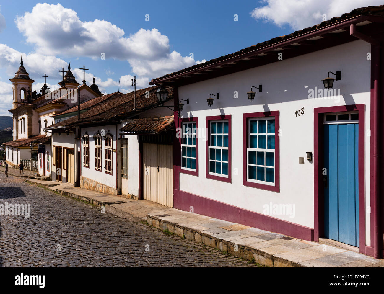 Cobblestone streets and colonial houses, Mariana, Minas Gerais, Brazil Stock Photo