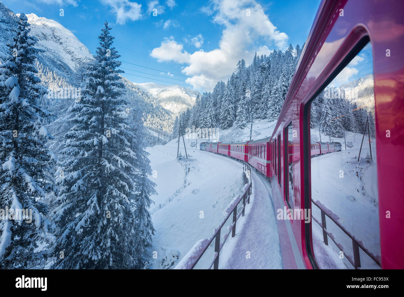 Bernina Express passes through the snowy woods, Filisur, Canton of Grisons (Graubunden), Switzerland, Europe Stock Photo