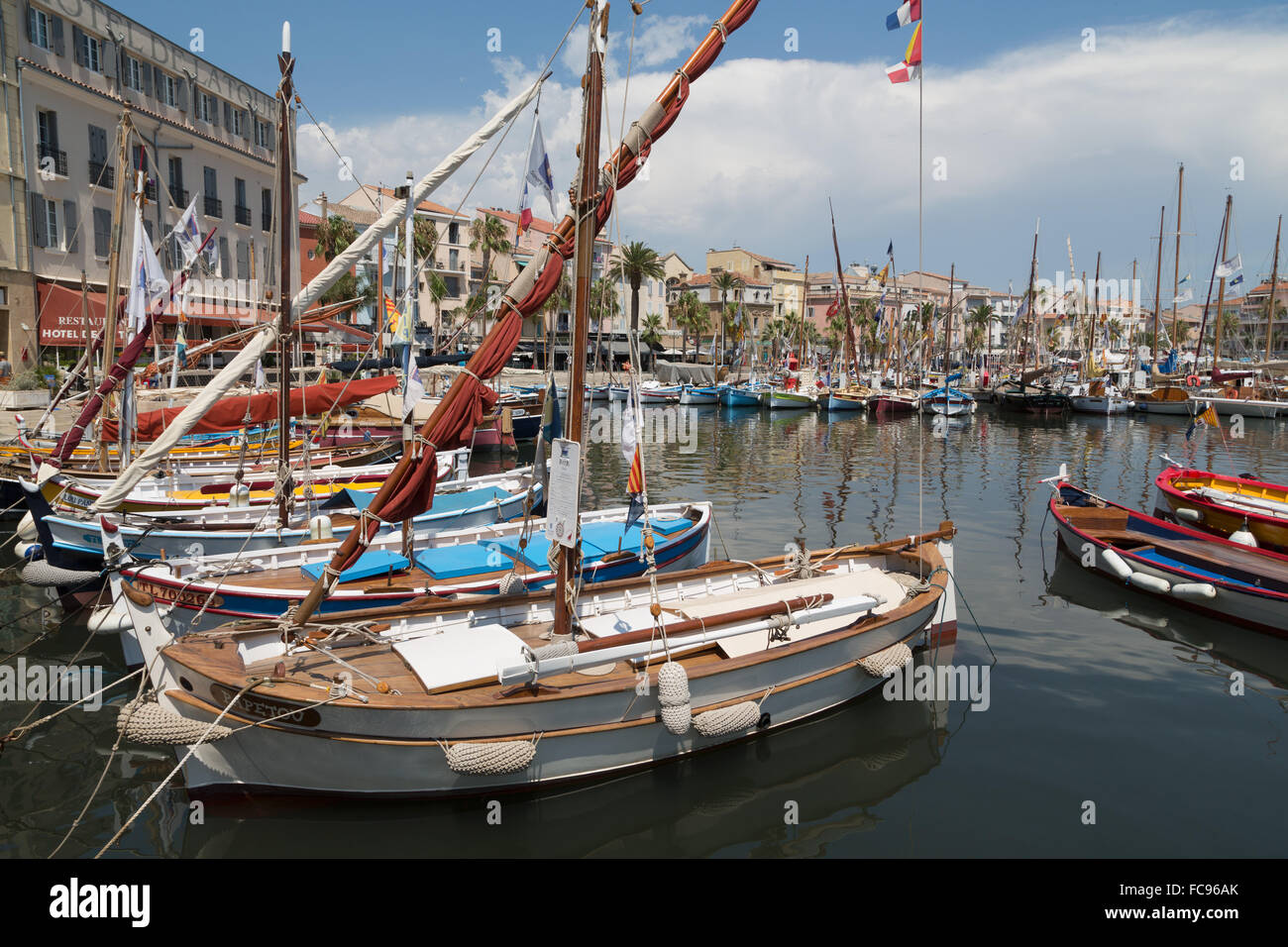 Traditional fishing boats moored in the harbour at Sanary-sur-Mer, Provence, France, Europe Stock Photo