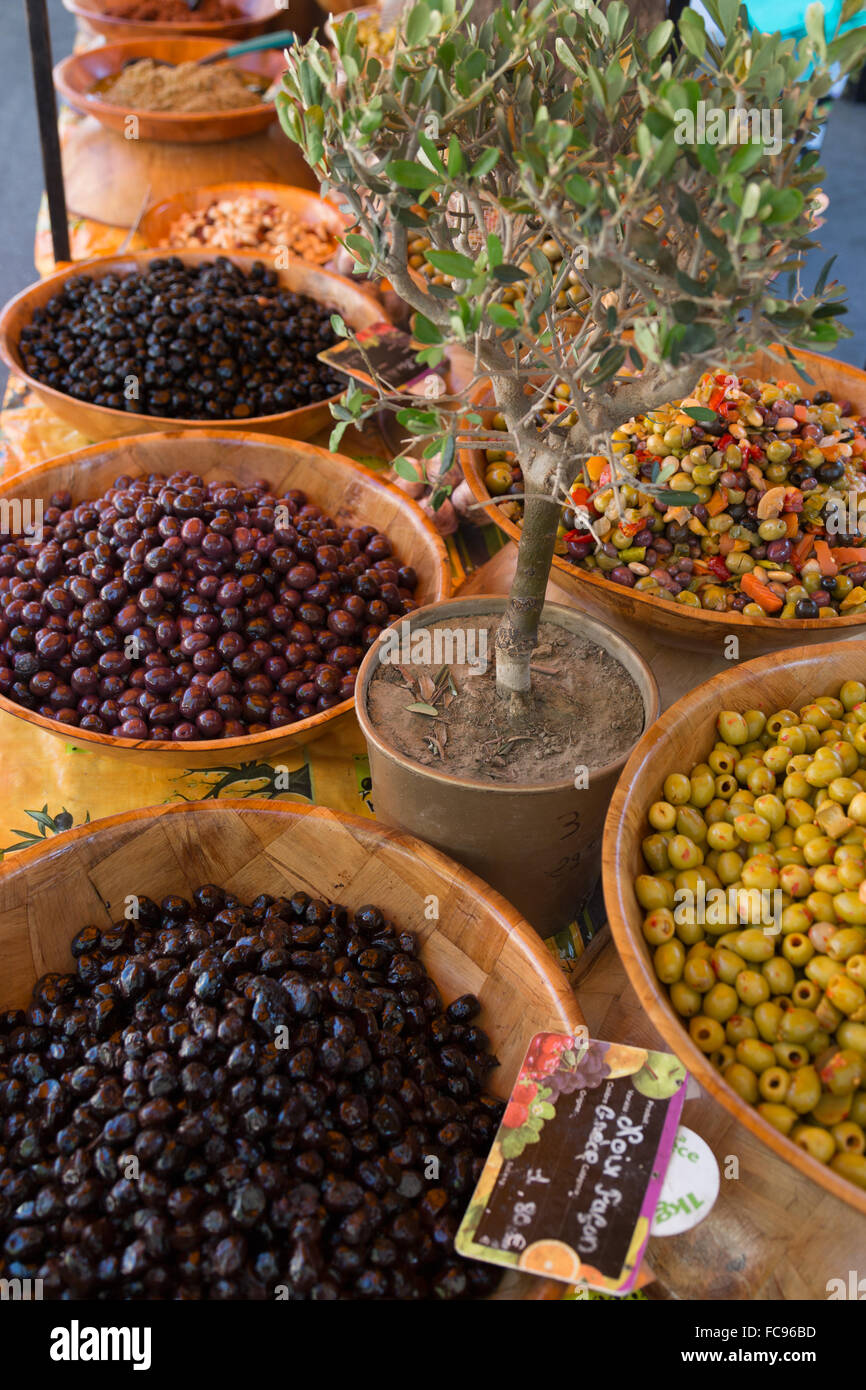 Fresh olives for sale at a street market in the historic Provence town