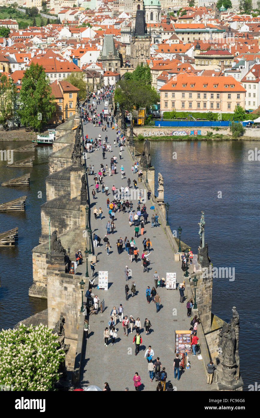 Tourists on Charles Bridge, UNESCO World Heritage Site, Prague, Czech Republic, Europe Stock Photo