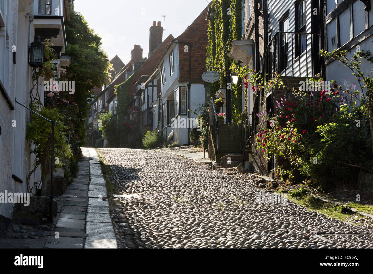 Cobblestone street and old cottages, Mermaid Street, Rye, East Sussex, England, United Kingdom, Europe Stock Photo