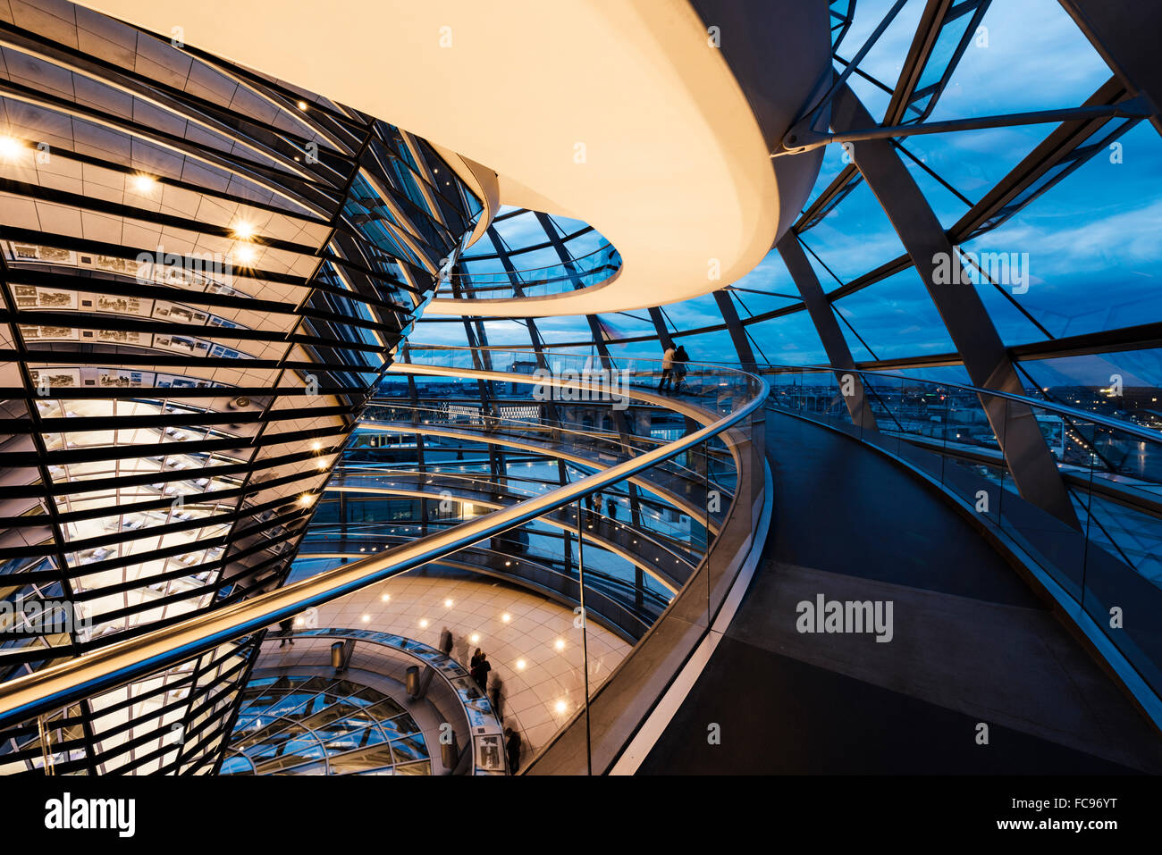 Wide angle interior view of The Dome of the Reichstag building at night, designed by Sir Norman Foster, Berlin, Germany, Europe Stock Photo