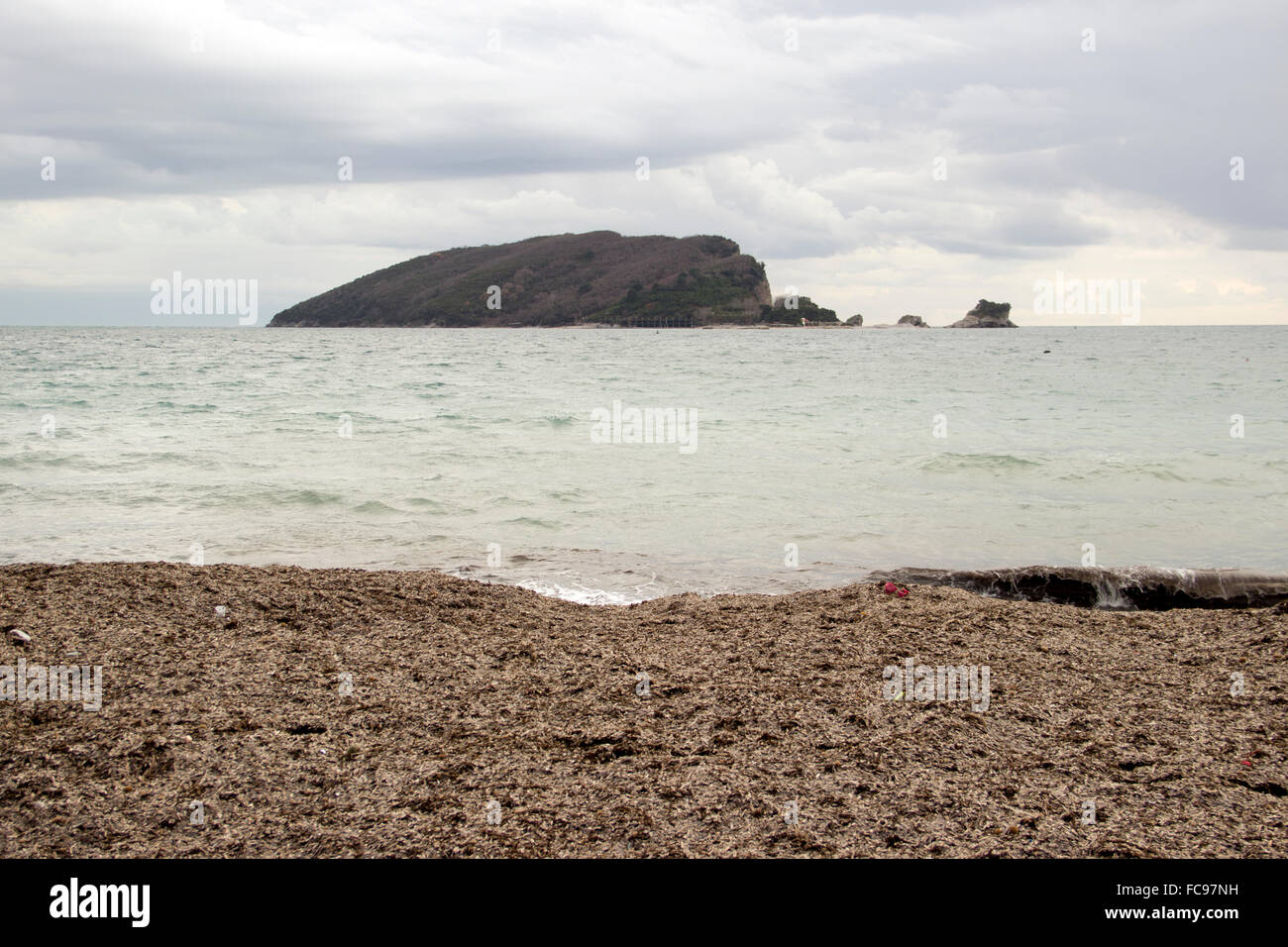 Montenegro - View of the island of St. Nicholas from the largest beach in Budva, so-called “Slovenska beach” Stock Photo