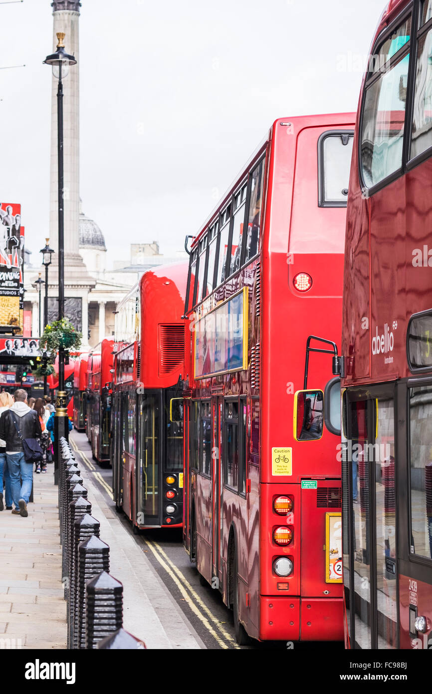 Red Buses queue on Whitehall, London, England, U.K. Stock Photo