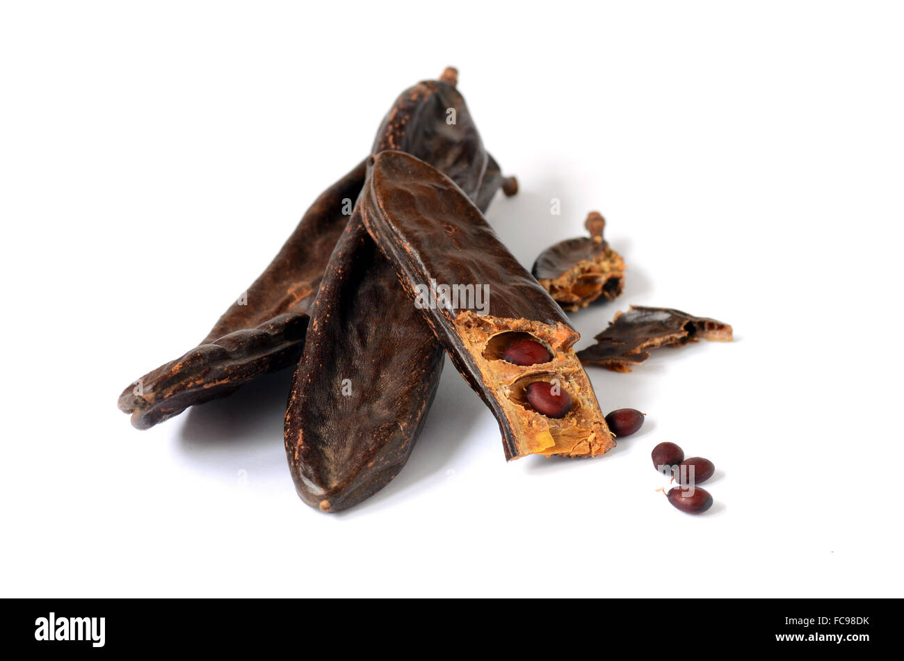 Ripe carob pods, carob powder can be used as a substitute for cocoa Stock Photo