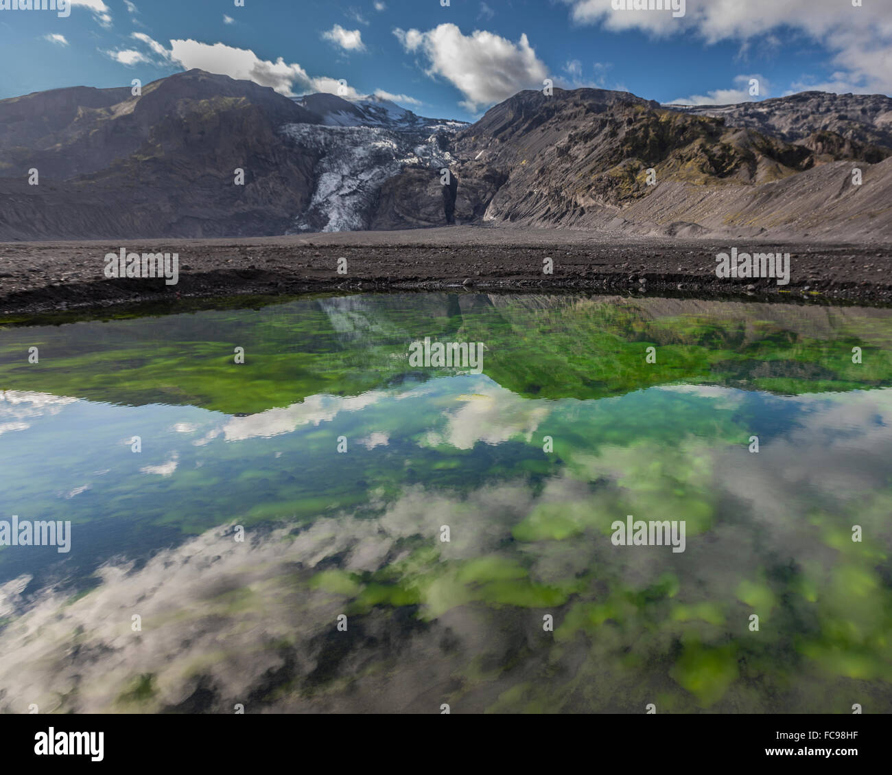 Mirror image in pond, Gigjokull- outlet glacier from Eyjafjallajokull Ice Cap, Iceland Stock Photo