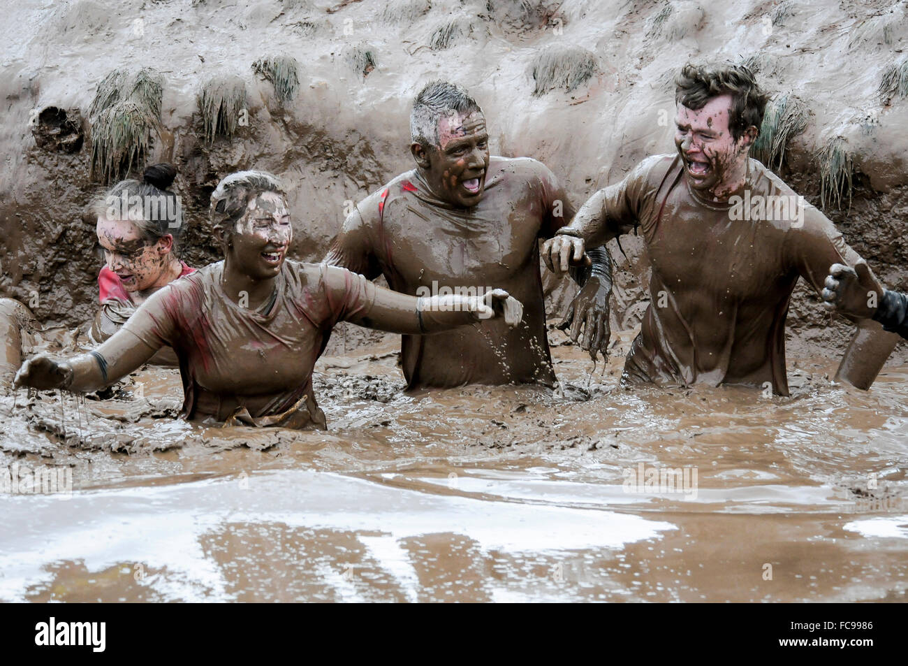 Muddy runners at obstacle course race, UK Stock Photo Alamy