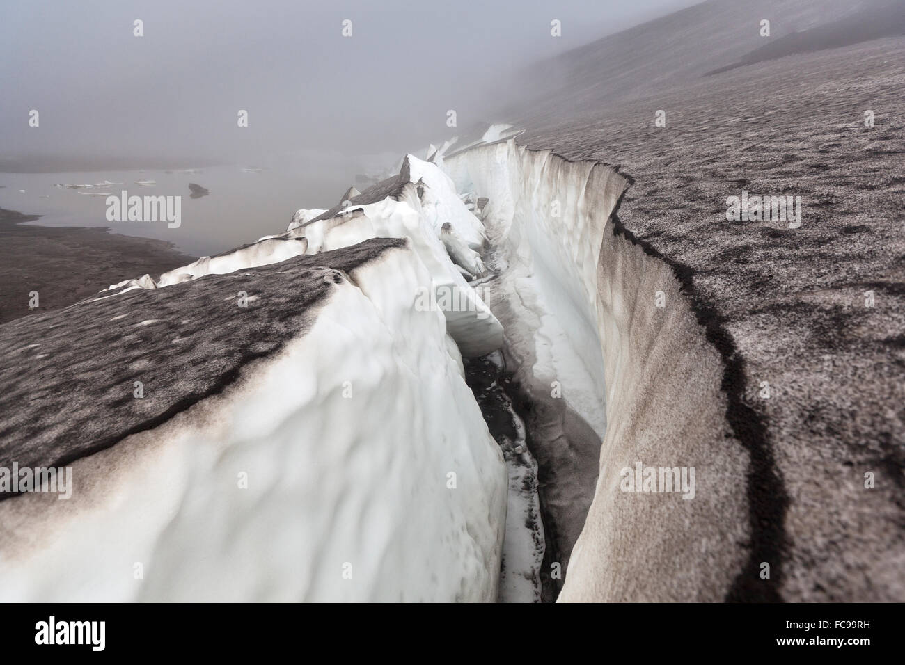 Glacial ice and cracks, Eyjafjallajokull Glacier, Iceland Stock Photo