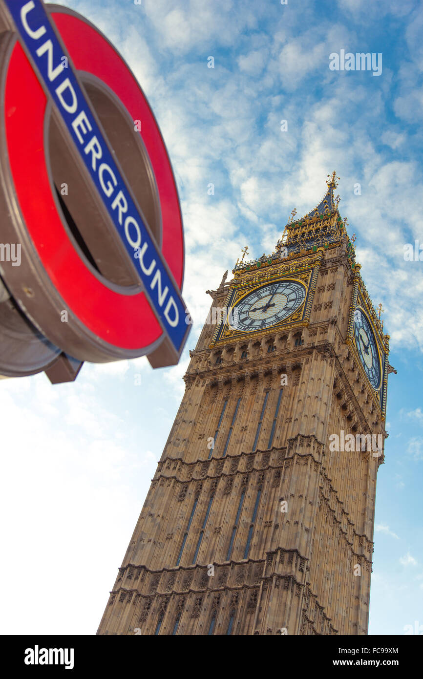 Londin underground sign and Big Ben Stock Photo