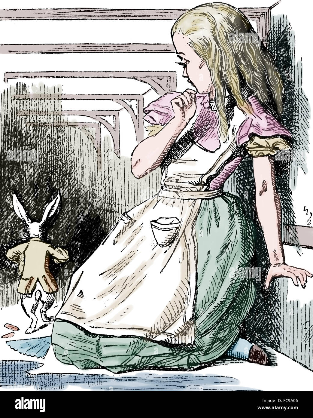 Alice's Aventures in Wonderland by Lewis Carrol (1832-1898). Scene . Engraving. Color. Stock Photo