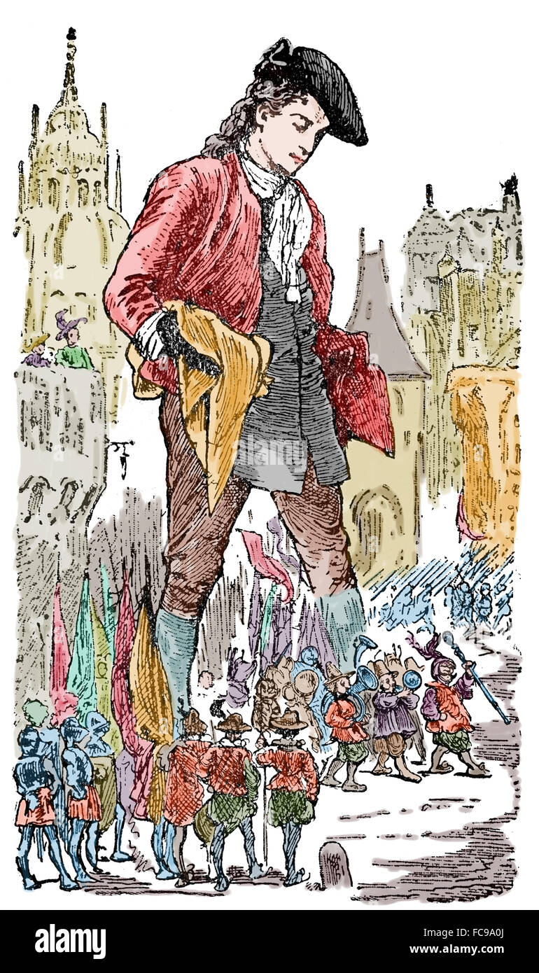Gulliver's Travels by Jonathan Swift, 1726. The Lilliputian band plays for Gulliver. Engraving, 1909, USA. Color. Stock Photo