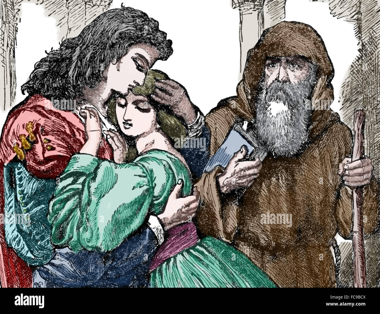 Romeo and Juliet by William Shakespeare (1564-1616) written. Engraving. Friar Lawrence marries Romeo and Juliet. Color. Stock Photo