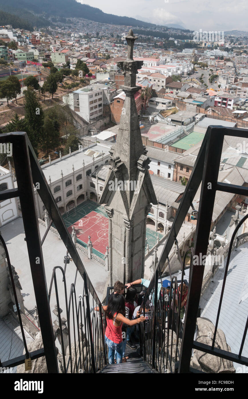 People climbing stairs to the top of the Basílica del Voto Nacional, Quito, Ecuador Stock Photo