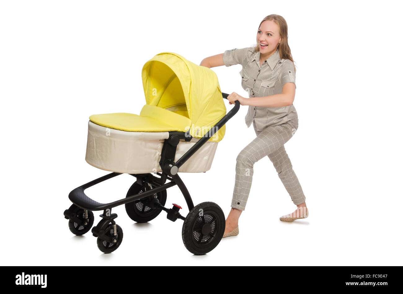 Woman with pram isolated on white Stock Photo