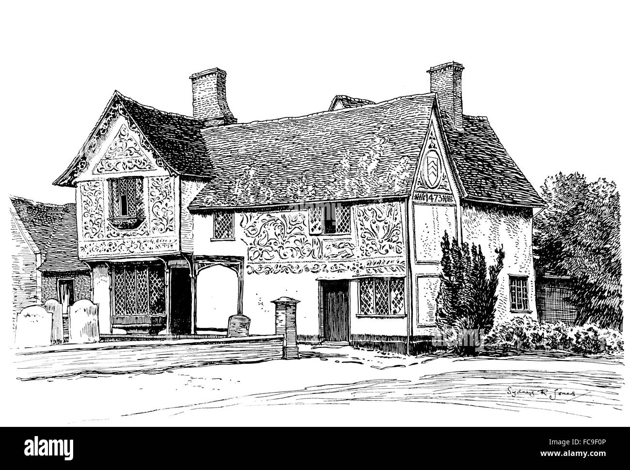 UK, England, Suffolk, Clare village High Street, Ancient House Museum 1473 building with exterior pargeting decoration in 1911, Stock Photo