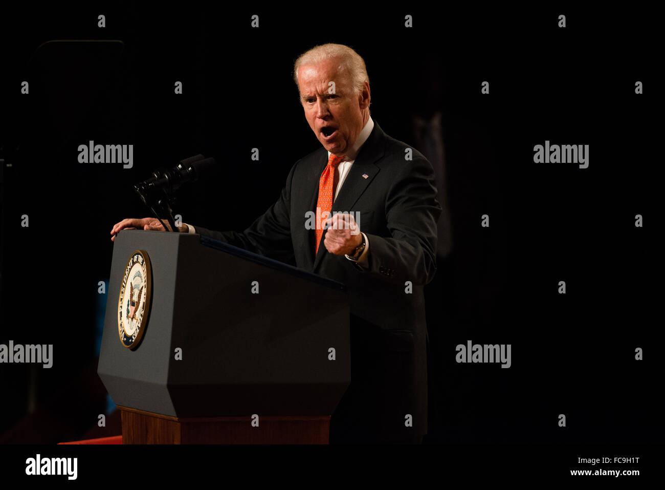The Vice President of the United States Joe Biden speaks to a crowd at Syracuse University about campus sexual assaults. Stock Photo