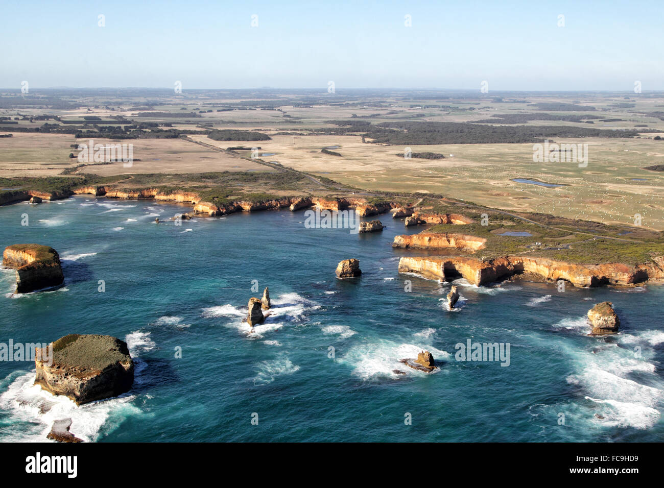 Aerial view of the Bay of Islands near Peterborough at the Great Ocean Road in the Port Campbell National Park, Victoria, Austra Stock Photo