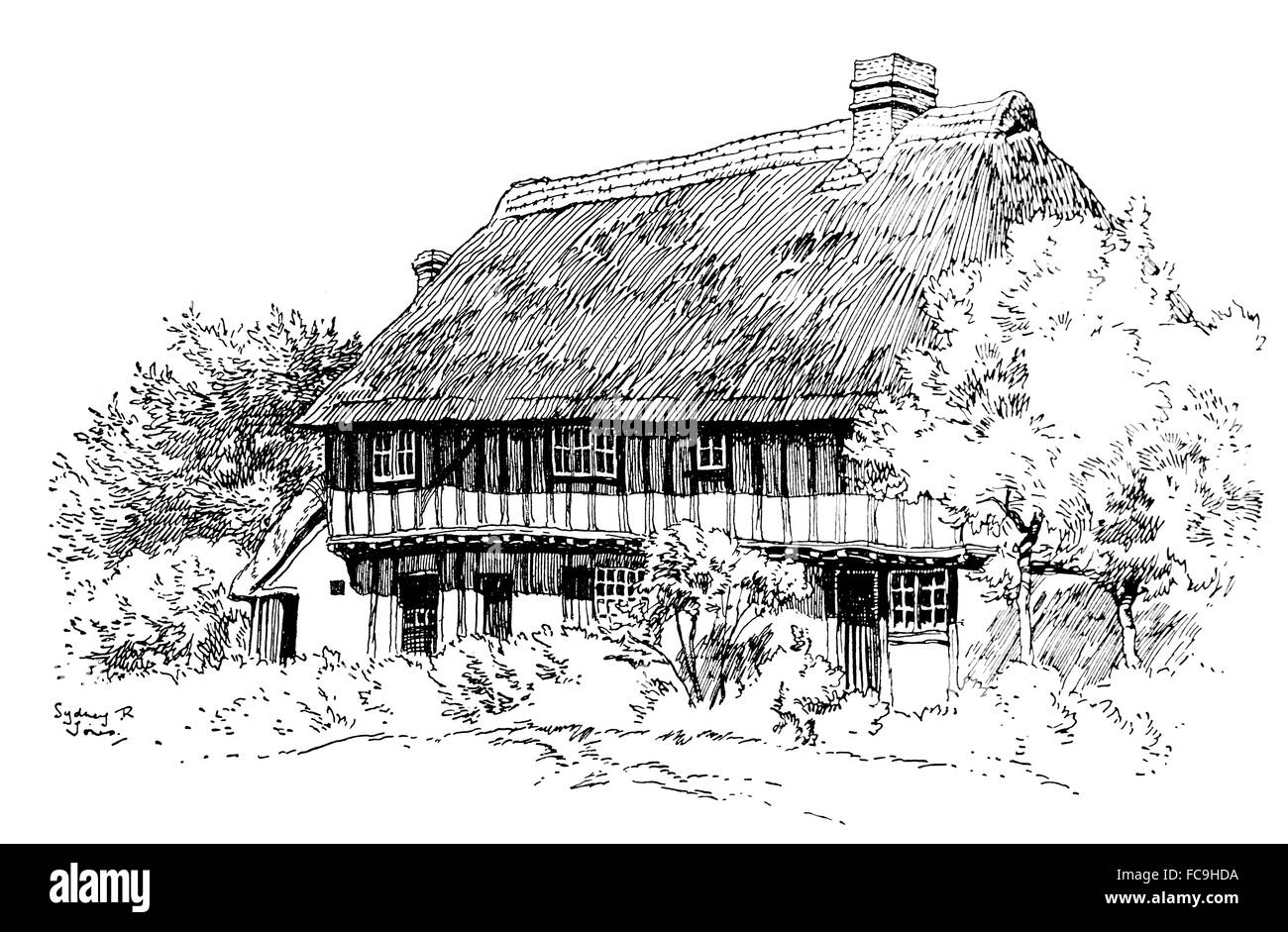 UK, England, Essex, Little Chesterford, timber framed thatched house, 1911, line illustration by, Sydney R Jones, from The Studi Stock Photo