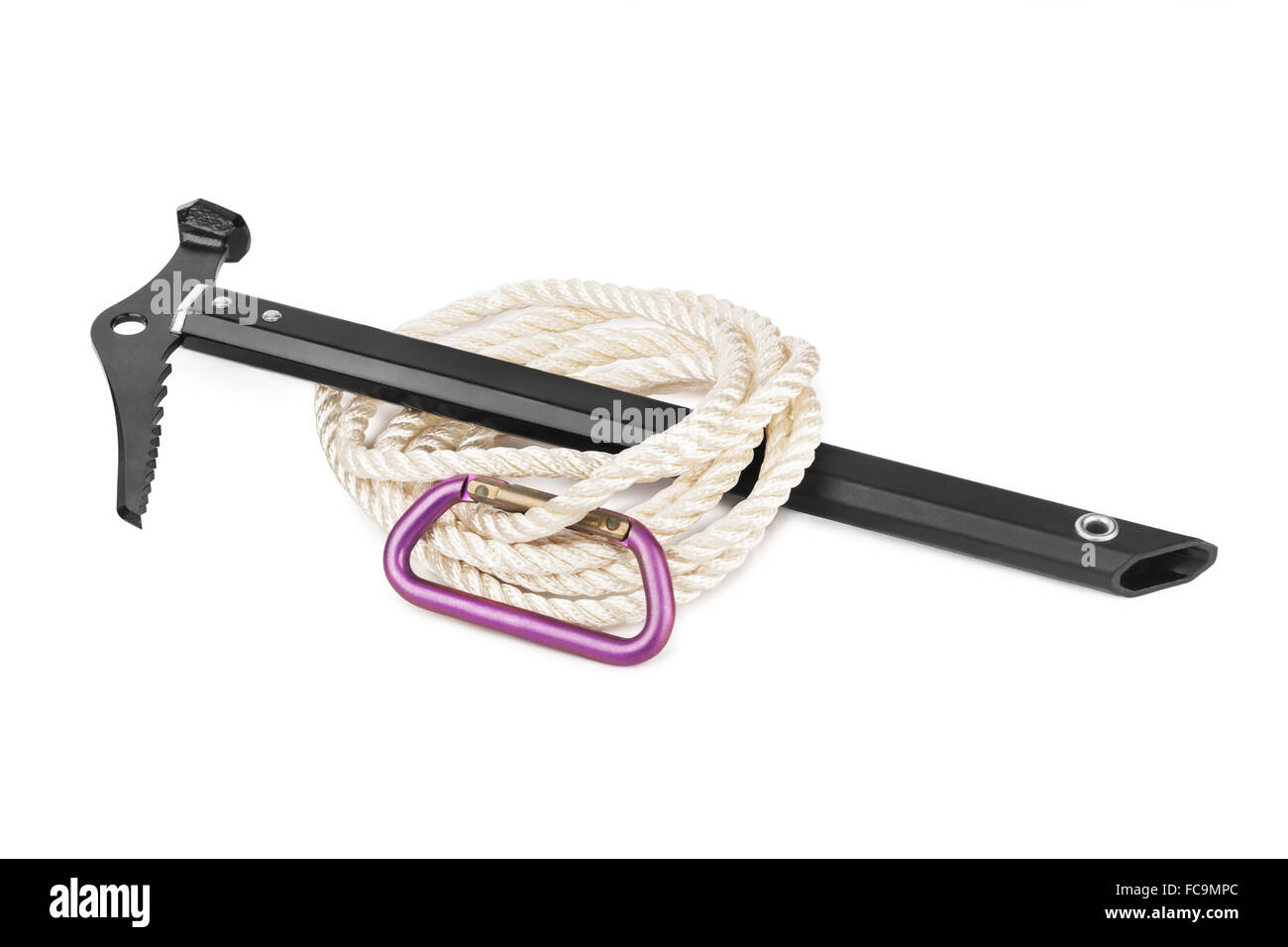 Ice axe, carbine and rope Stock Photo Alamy