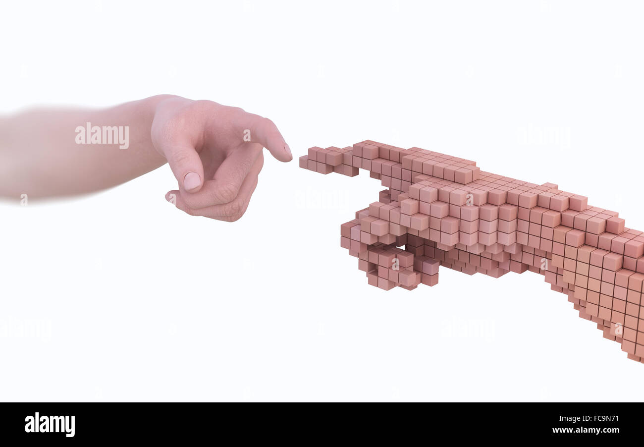 Reality vs simulation - real human hand and it's virtual version made out of voxels Stock Photo