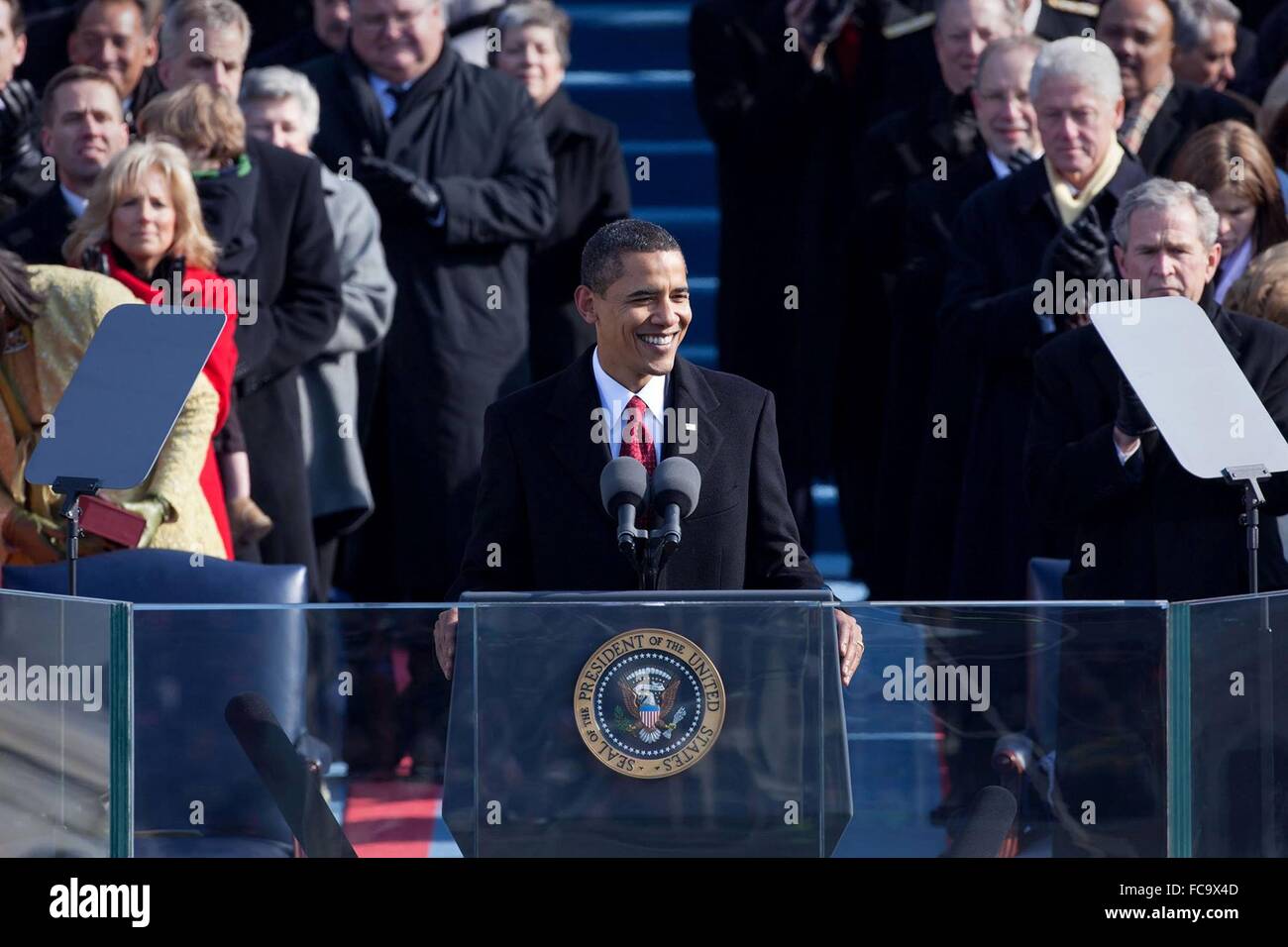 U.S President Barack Obama addresses the crowd during his acceptance speech at the 44th Presidential Inauguration at the U.S Capitol January 20, 2009 in Washington, DC. Stock Photo