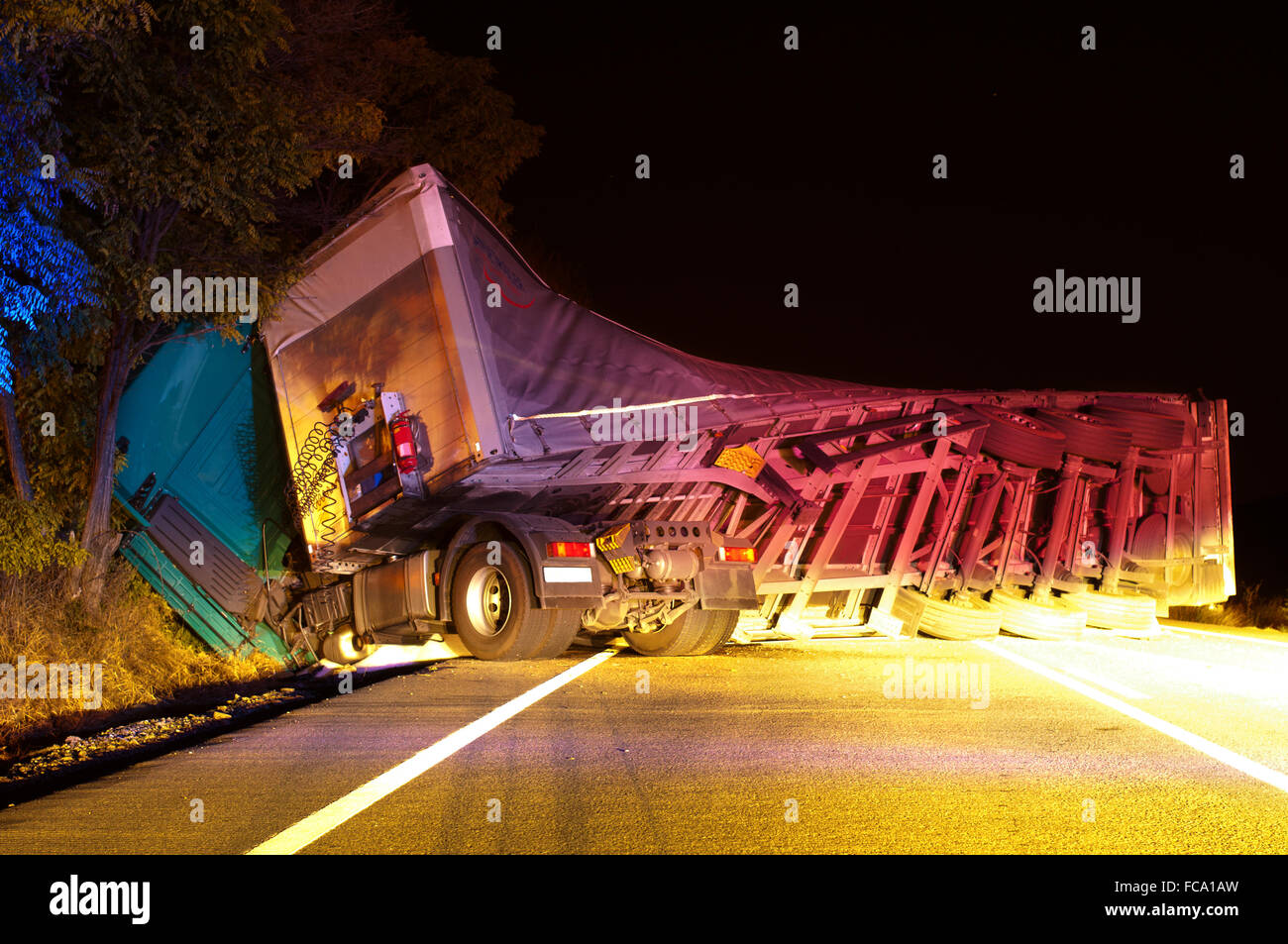 Overturned truck in crash Stock Photo Alamy