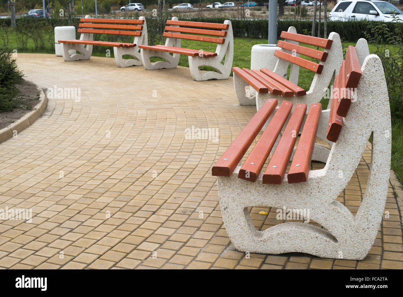 Wooden benches in a park Stock Photo - Alamy