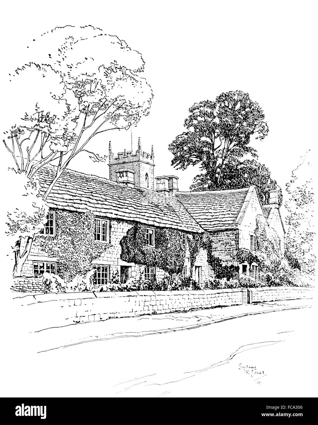 UK, England, Derbyshire, Eyam, Plague Cottages, Church, Street in1911, line illustration by, Sydney R Jones Stock Photo