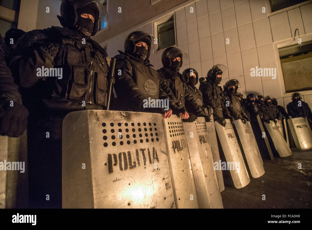 Hundreds of policeman keep blocked back entrance of parlament building during protests against Pavel Filip prime minister Stock Photo
