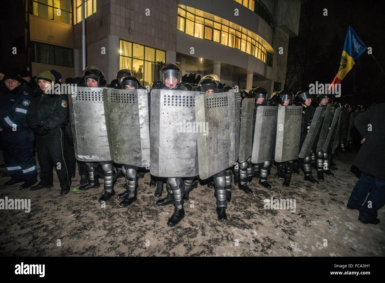 Hundreds of policeman keep blocked back entrance of parlament building during protests against Pavel Filip prime minister Stock Photo