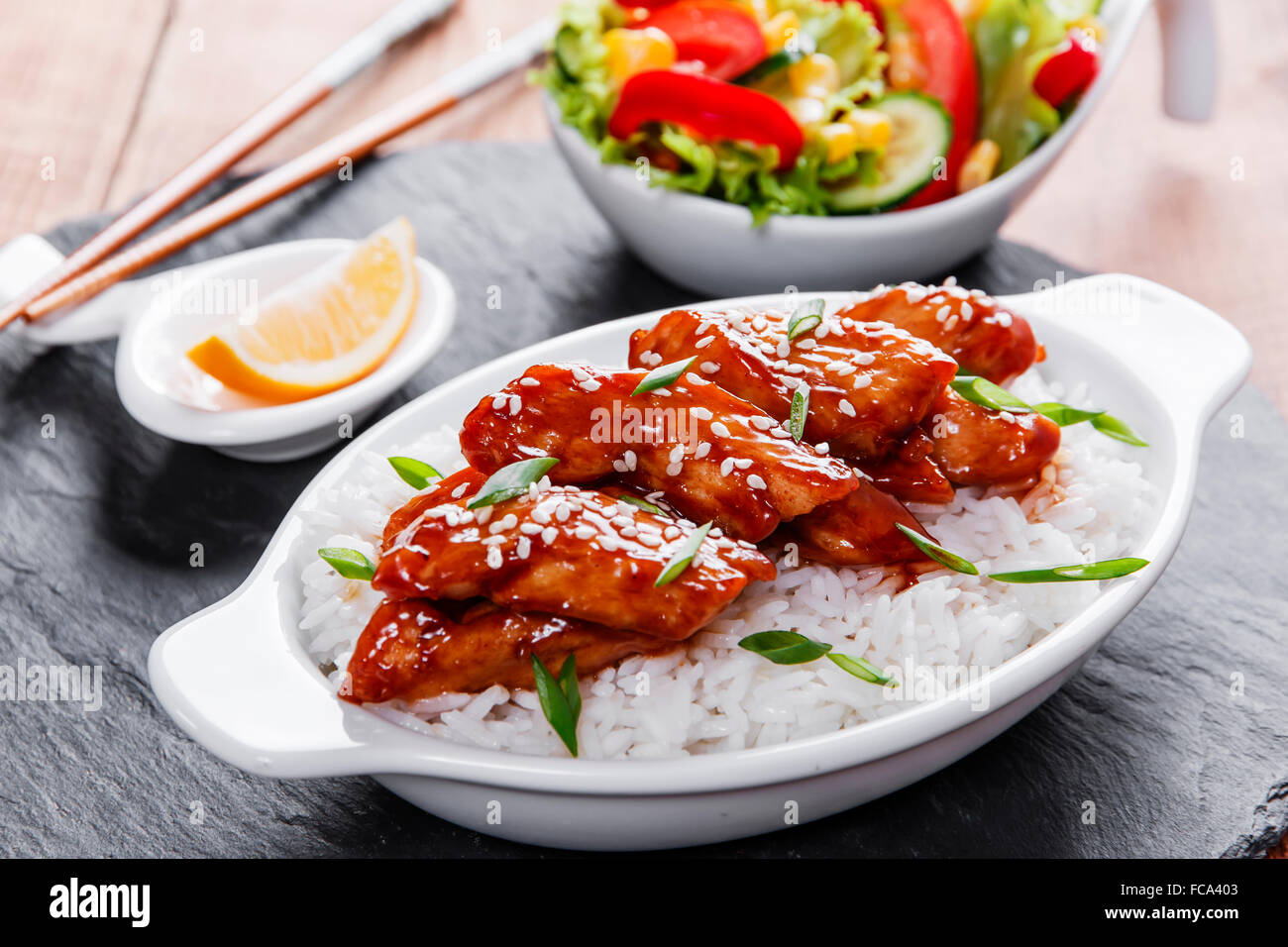 Teriyaki chicken with rice and salad Stock Photo