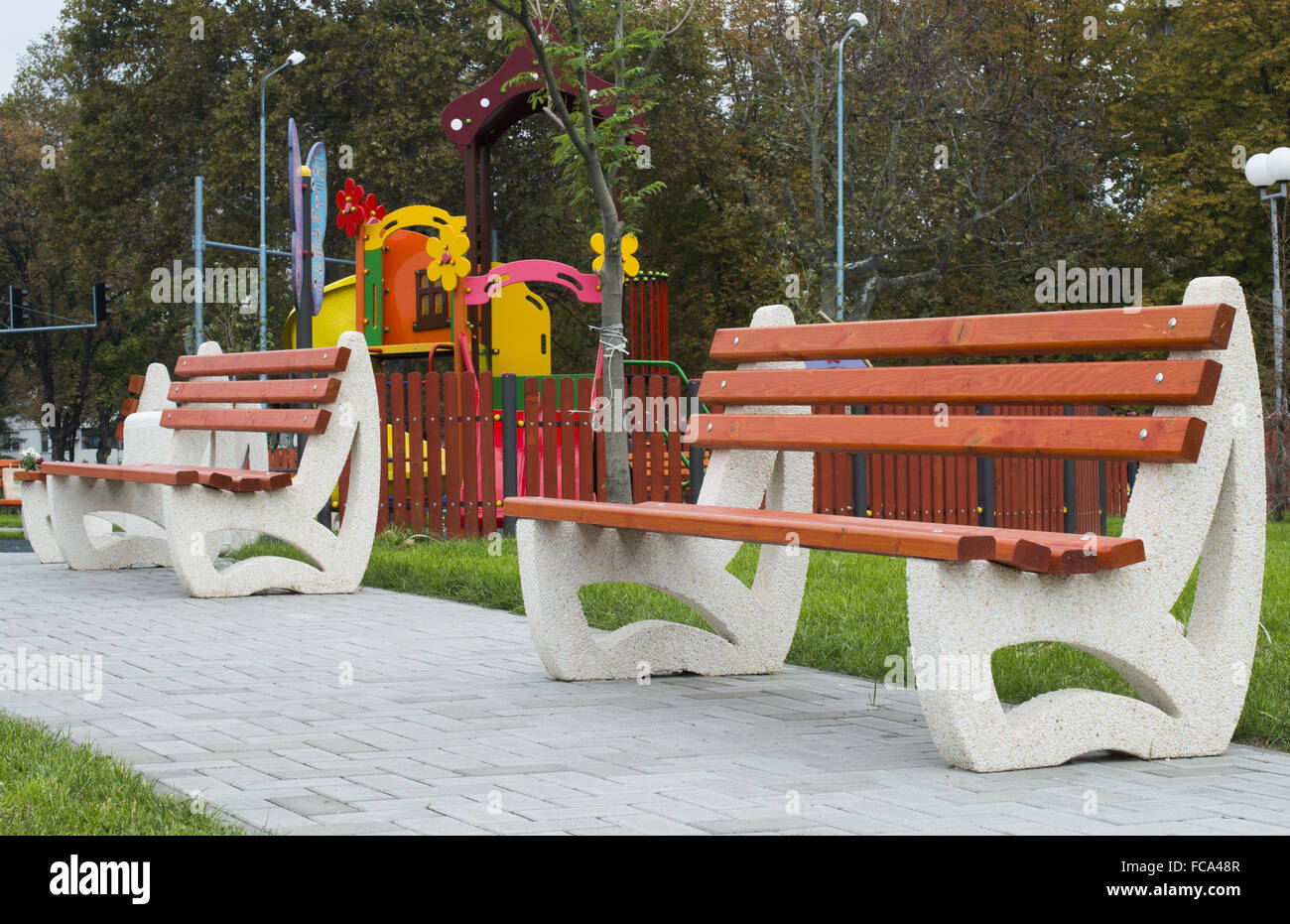 Wooden benches in a park Stock Photo