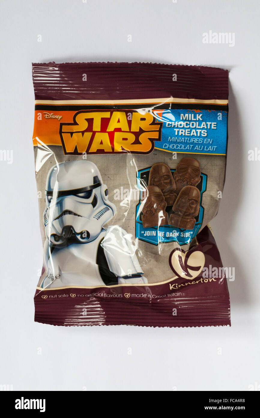 Packet of Star Wars milk chocolate treats from Star Wars 9 piece selection box chocolates from Kinnerton isolated on white background Stock Photo