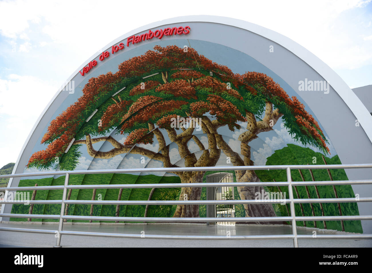 Close up of the mural of flamboyant trees inside a bandshell. Penuelas, Puerto Rico. Caribbean Island. US territory. Stock Photo