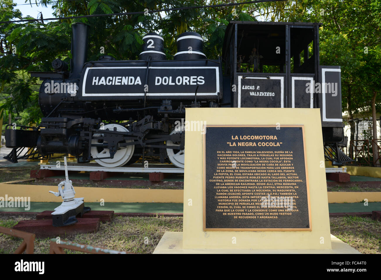 Train brought to PR in 1924 by the Valdiviesco Family owners of the Hacienda Dolores. Penuelas, Puerto Rico. Caribbean Island. Stock Photo